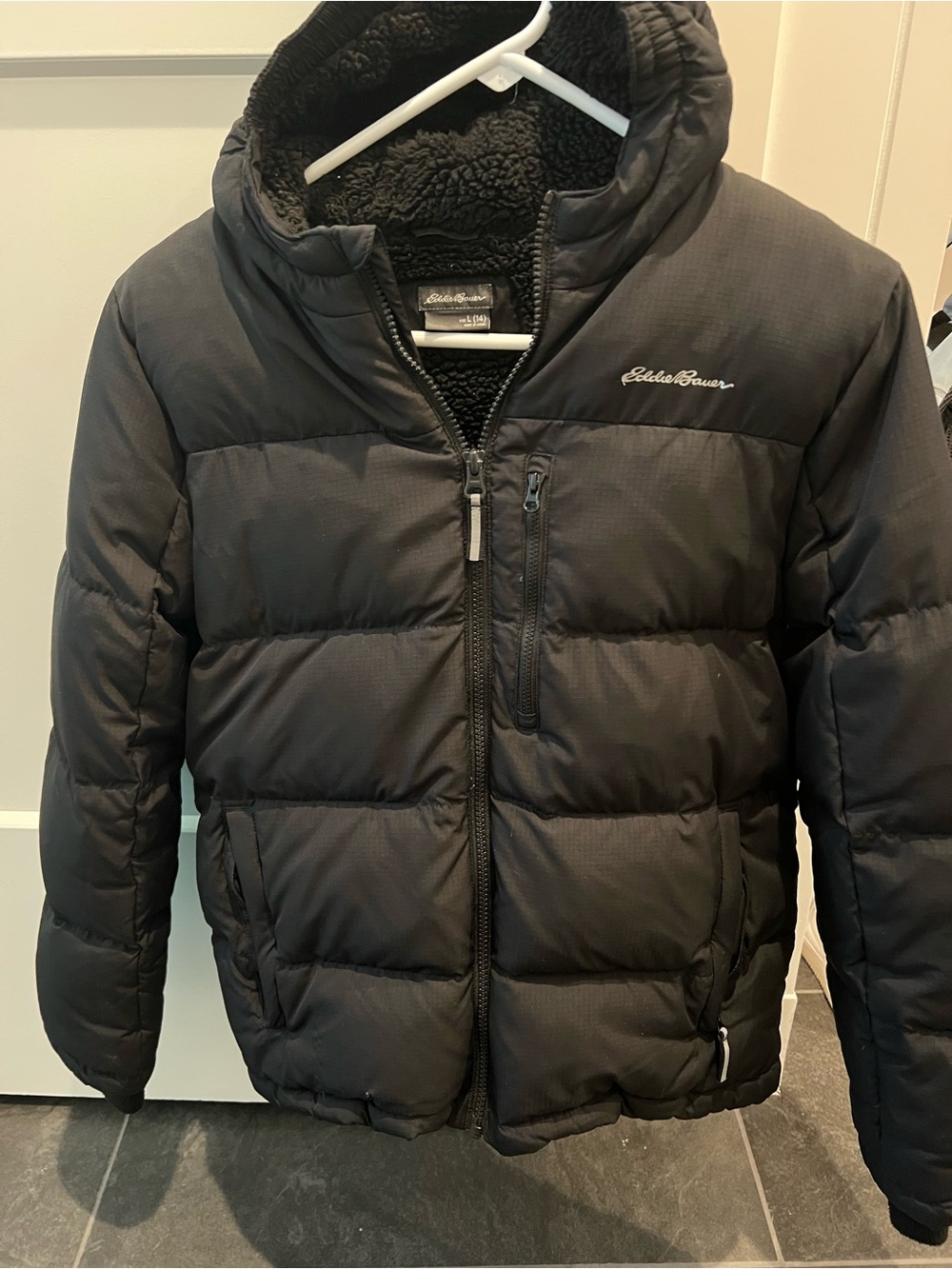 Eddie Bauer Kid’s Black Quilted Puffer Jacket with Sherpa Lining